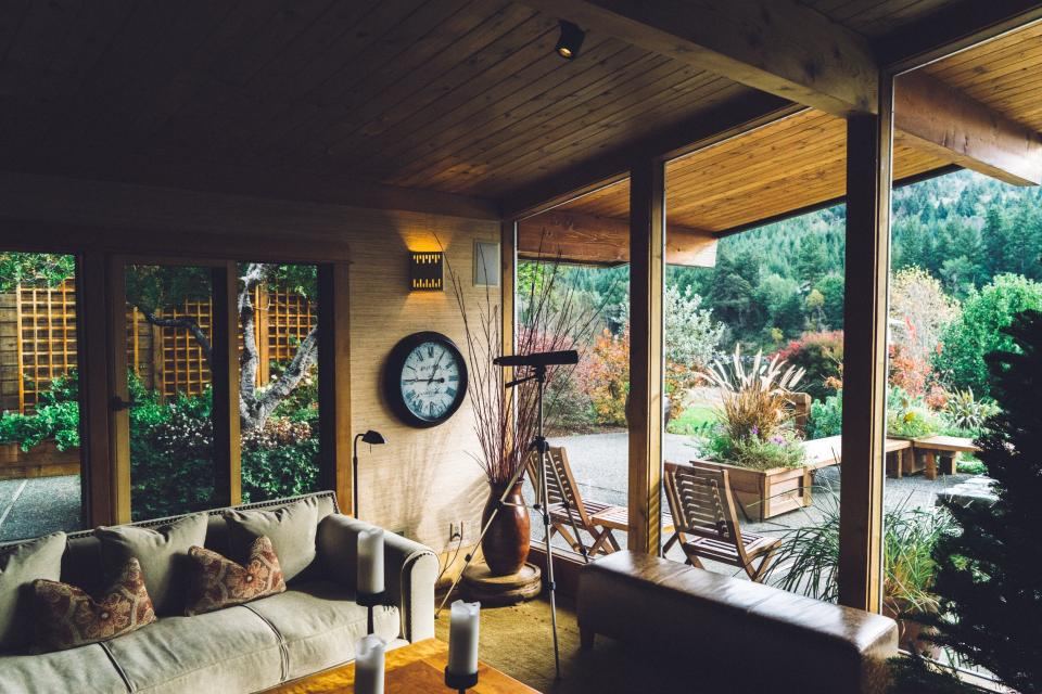 Covered porch with wood beams